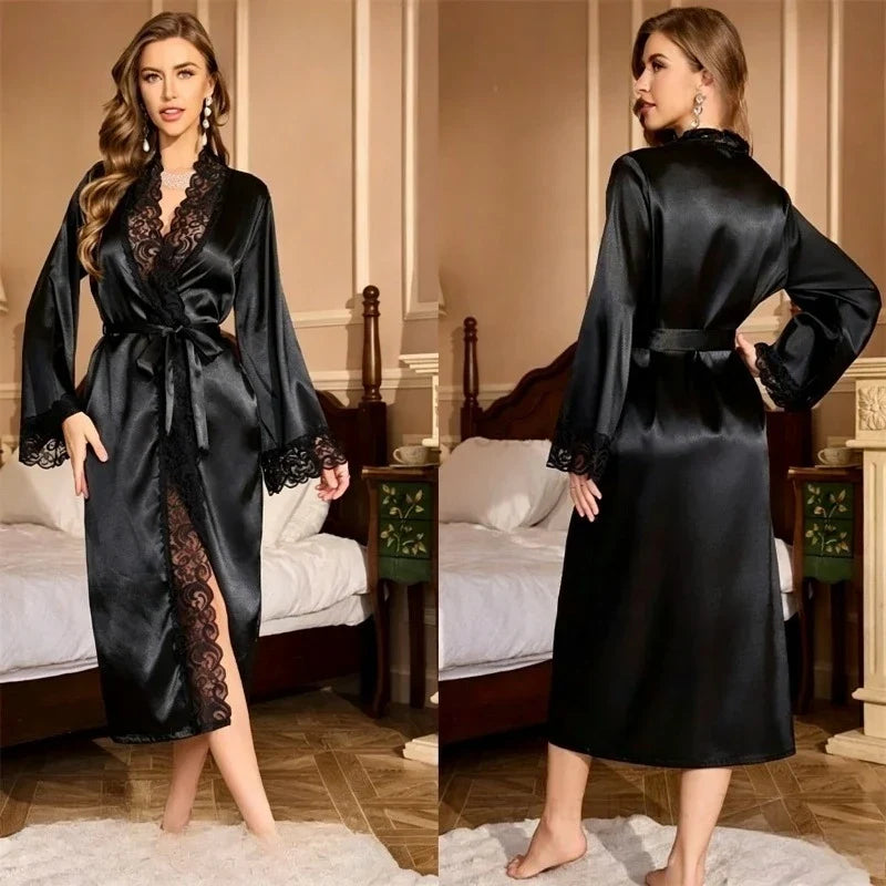 Satin lace Trim Kimono Robe