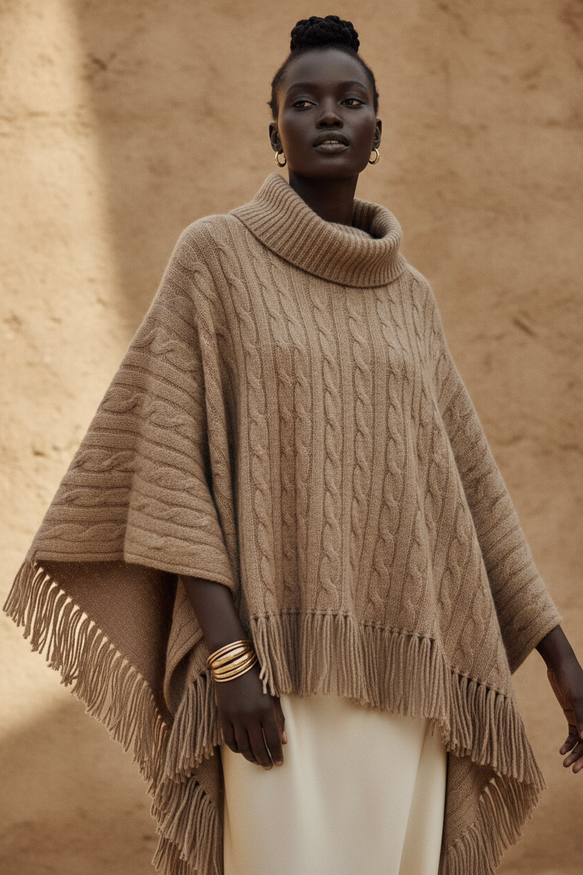 Black woman wearing a luxurious camel knit poncho draped over her shoulders