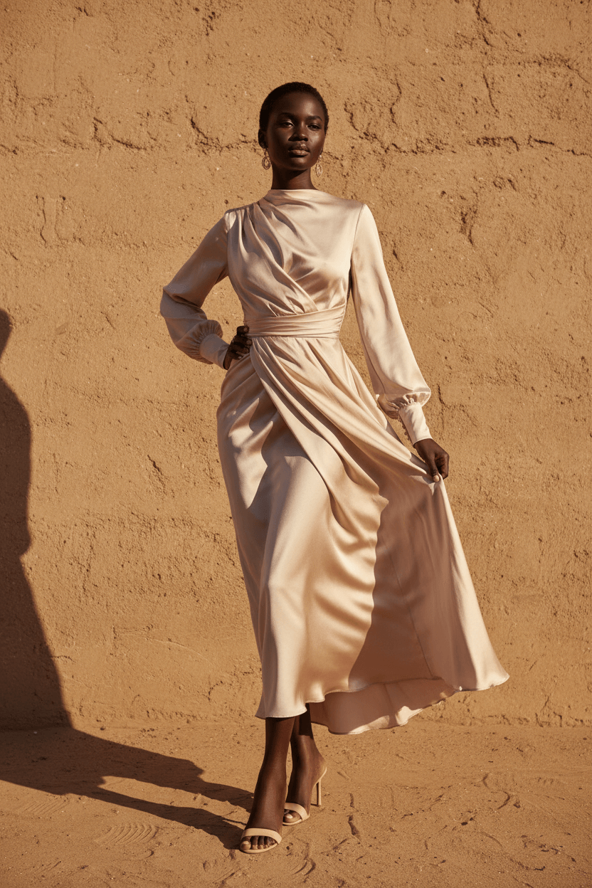 Black woman wearing an elegant flowing midi dress in blush fabric The Soft Life Dress