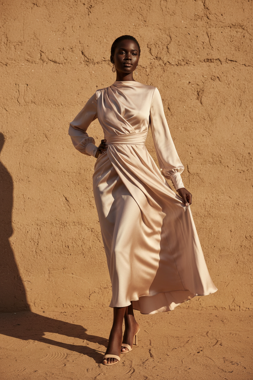 Black woman wearing an elegant flowing midi dress in blush fabric