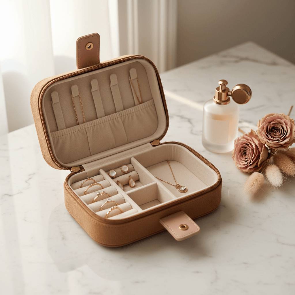 Jewellery travel case open on a marble vanity with gold jewellery and soft neutra The soft life Jewellery Travel Casel tones