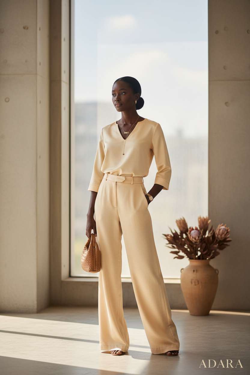 Black woman wearing a timeless elegant ivory two-piece set