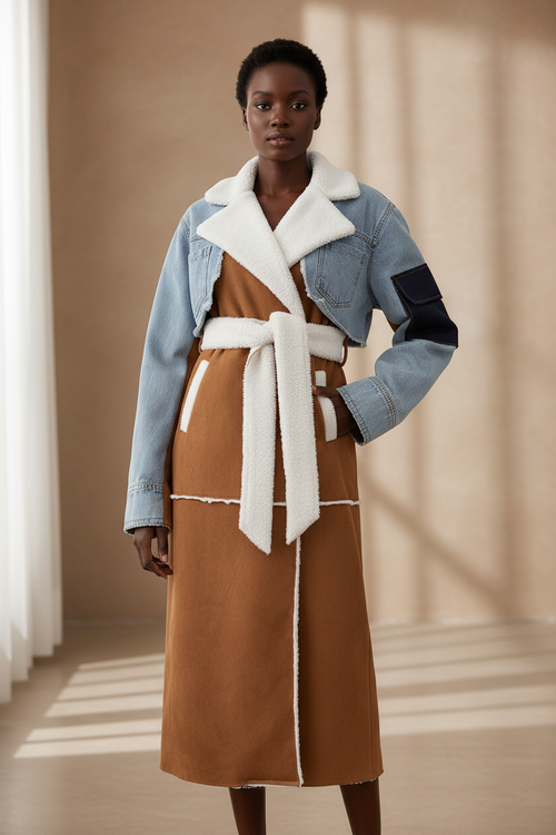 Model wearing patchwork denim and caramel suede longline coat