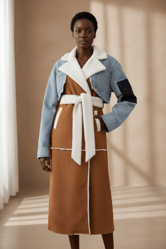Patchwork Denim and Suede Longline Coat