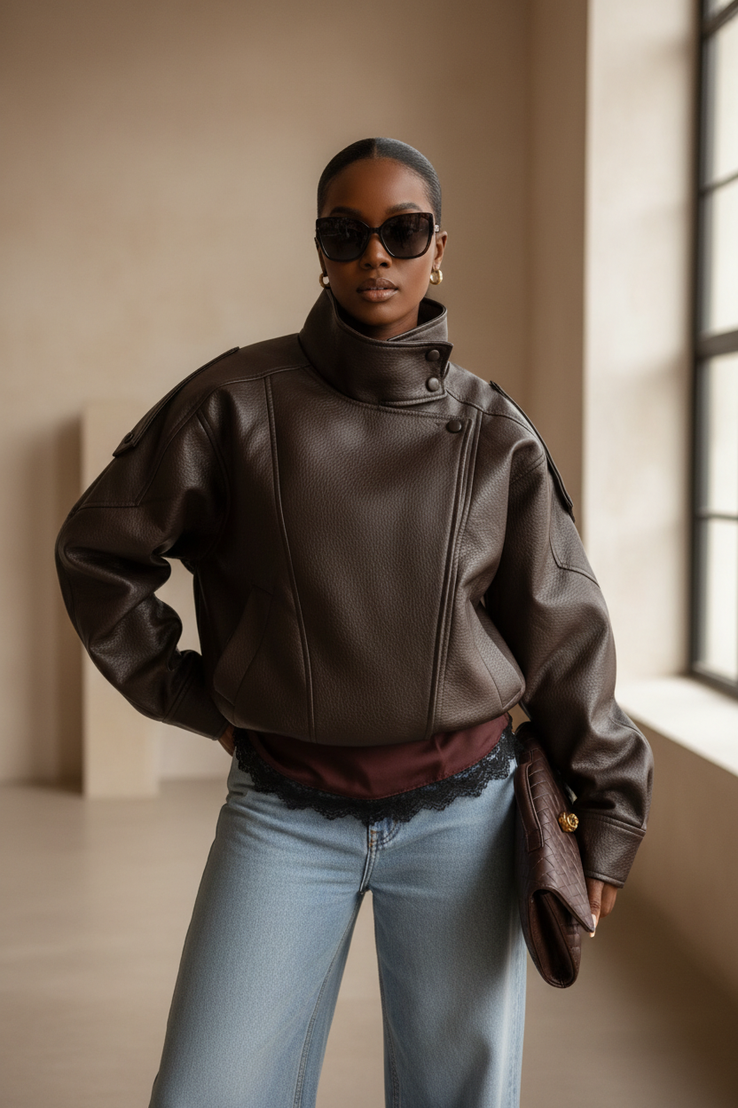 Model wearing dark chocolate brown oversized leather bomber jacket