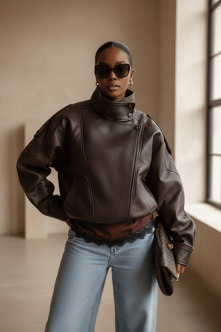 Model wearing dark chocolate brown oversized leather bomber jacket